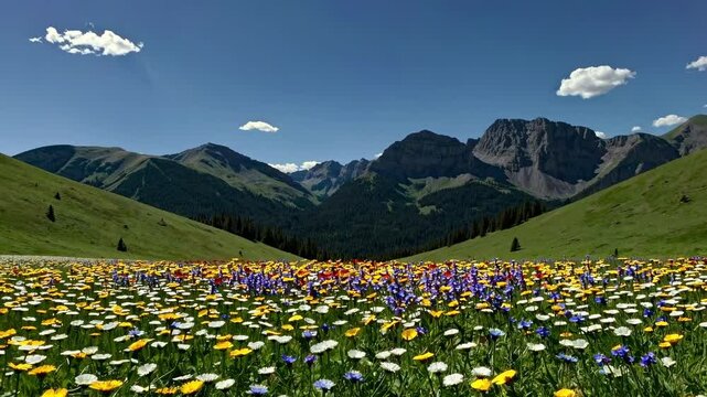 Wide-angle video shot of a vibrant wildflower meadow with a mountainous backdrop under a clear blue sky, capturing a serene, natural landscape.