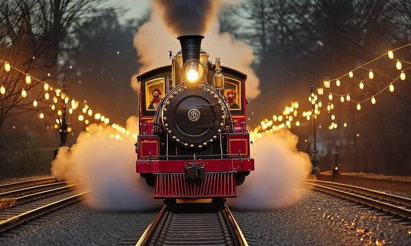 Vintage steam locomotive chugging along illuminated tracks at dusk, creating a nostalgic atmosphere