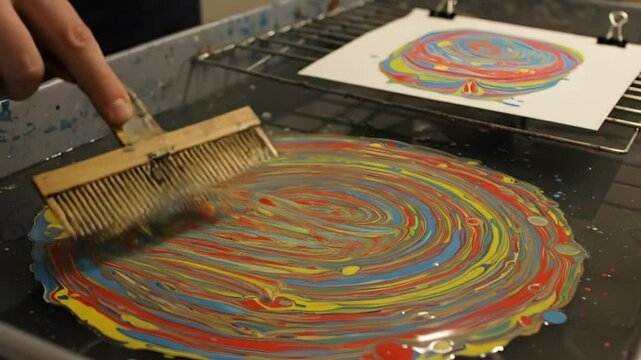 Person using a comb to create a colorful swirl pattern in a liquid art marbling process on a surface