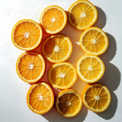 Obraz premium Sliced oranges on white background, sunlight. Food photography for recipe blogs