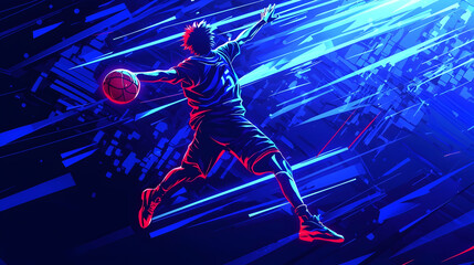 Basketball player slam dunk, night game, city background, sports poster