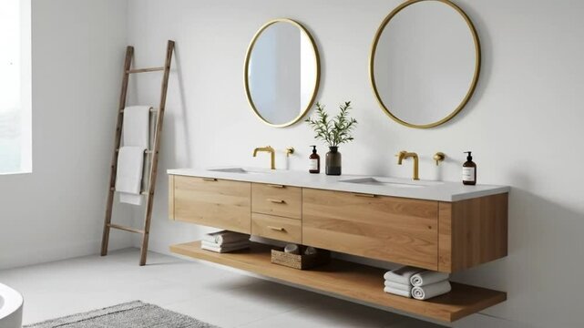 A modern bathroom with a wooden vanity, round mirrors, and a ladder with towels against a white wall