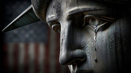 Statue Face with Tear Near Flag