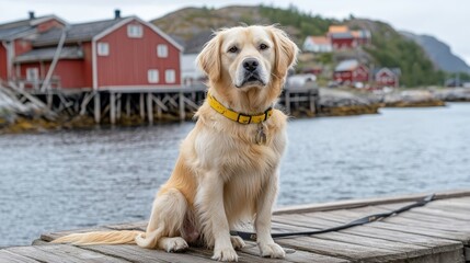 Golden retriever sitting on a wooden dock near calm water with colorful houses in the background, capturing a serene and picturesque moment in nature