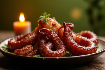 Grilled Octopus Food Photography: Cozy Candlelight Ambiance on Olive Green Background