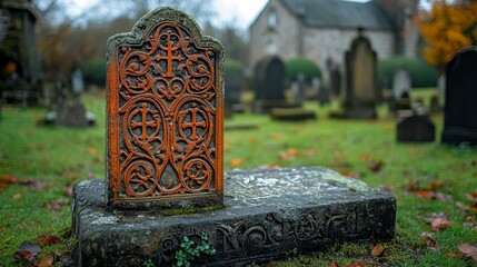 Ornate, weathered gravestone stands in old cemetery, building blurred in background