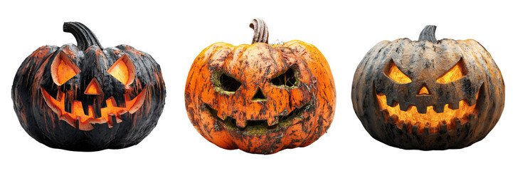 Jack o Lanterns Glowing with Spooky Faces for Halloween isolated on transparent png