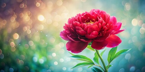Blooming Red Peony Watercolor Painting with Bokeh, Elegant Floral Design