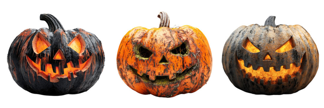 Jack o Lanterns Glowing with Spooky Faces for Halloween isolated on transparent png
