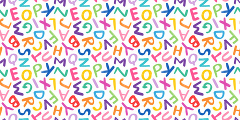 Cute colorful alphabet vector seamless pattern for kids and school designs, Hand written bright vibrant letters for backgrounds, wrapping paper