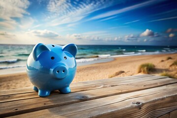 Fototapeta premium Blue Piggy Bank on Wooden Beach Background - Vacation Savings Concept