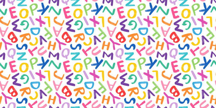 Cute colorful alphabet vector seamless pattern for kids and school designs, Hand written bright vibrant letters for backgrounds, wrapping paper