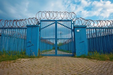 Closed blue metal gate and fence topped with barbed wire against a cloudy sky