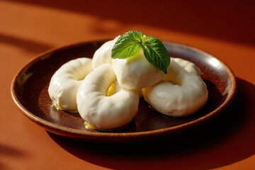 Tempting Burrata Cheese Plate: Dark Moody Table Corner on Terracotta Background, Clean Food Photography, Sunset Window Light