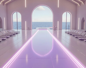 Indoor infinity pool overlooking ocean;  luxury spa relaxation; minimalist architecture; calm background; wellness retreat advertising