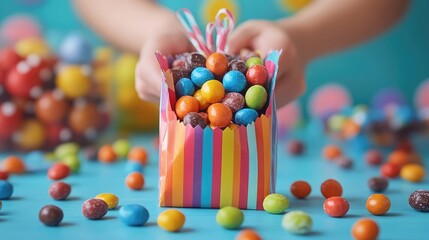Hands holding a striped bag filled with colorful candy on a blue background with scattered sweets