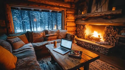 A cozy cabin interior with a warm fireplace, snow-covered trees visible through the window, and a laptop on the table. - Powered by Adobe