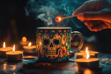 Sugar Skull Mug with steaming drink, and candles.