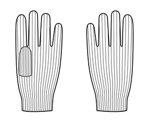 Knit Wool Gloves Short length Fashion hand accessory clothing technical illustration garment. Vector front palm back view for Men women, unisex style flat template CAD mockup sketch outline