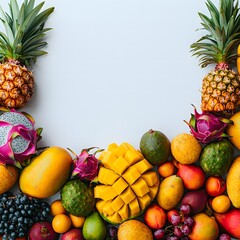 Colorful fruit arrangement tropical setting food photography bright environment overhead view healthy lifestyle concept