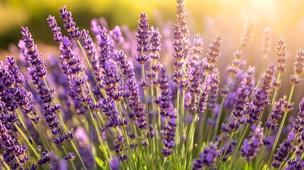 Naklejka premium A vibrant display of purple lavender blossoms in sunlight.