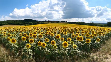Obraz premium Expansive sunflower field under a bright sky.