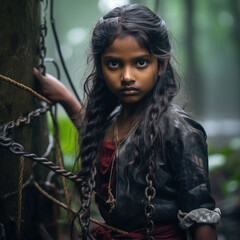 Thoughtful child in forest setting