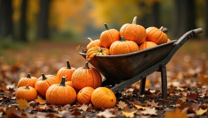 Abundant autumn harvest of ripe pumpkins and gourds spilling from a wheelbarrow , yield, full