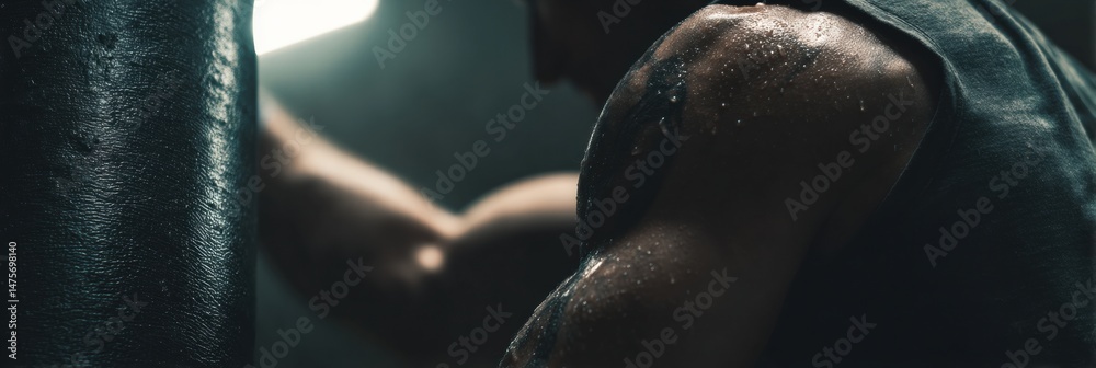 Poster muscular athlete striking a punching bag with intense focus and effort during a workout session in a