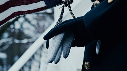 Close-Up of Military Bugler Playing Solemn Tune with Flag Reflections