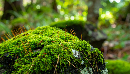 Lush Green Moss on Rock in Forest - Nature Photography