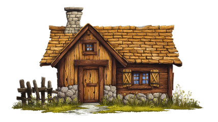 Rustic Cabin Illustration with Stone Chimney and Wooden Fence isolated on transparent png