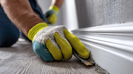 Worker Applying Finishing Touches to Wooden Floor with Spackle, Wearing Colorful Gloves, Close-Up Capture of Renovation Process in Home Improvement Project