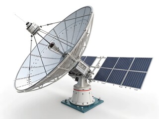 Satellite dish with solar panel isolated on white background, 3d rendering.