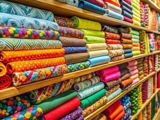Fototapeta premium Colorful Fabric Rolls Stacked on Shelves in a Textile Shop