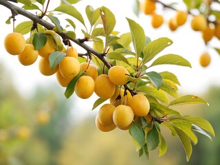 Branch with ripe yellow plums. A tree with many yellow plums hanging from it.