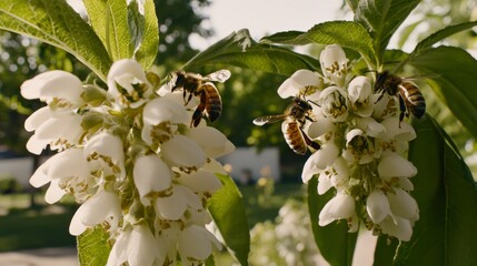 Bees Collecting Nectar from Blossoms in Soft Morning Light