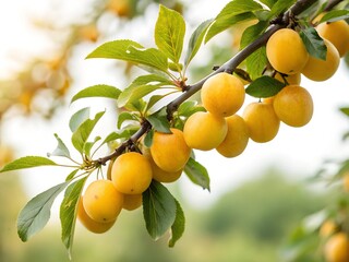 Branch with ripe yellow plums. A tree with many yellow plums hanging from it.