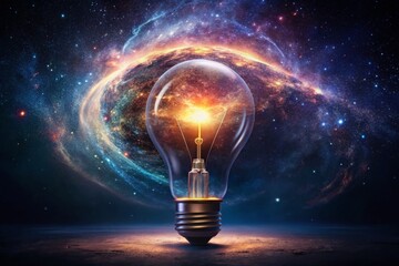 Conceptual Birth of an Idea:  Sparkling Lightbulb Emerging from a Dark Nebula