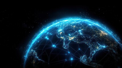 Digital representation of Earth at night showing illuminated cities and interconnected network lines symbolizing global communication and connectivity