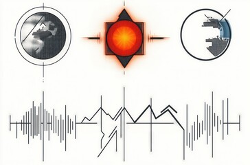 Abstract digital interface with waveform patterns, red circular target symbol, and two circular display screens showing technical visuals on white background