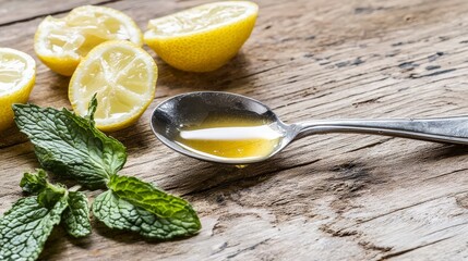 Fresh Honey with Lemon Slices and Mint on Rustic Wooden Surface