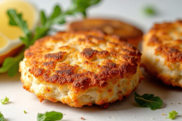 Tempting Crab Cakes in Botanical Brunch Corner: Clean Food Photography with Hard Side Light and Spacious Layout