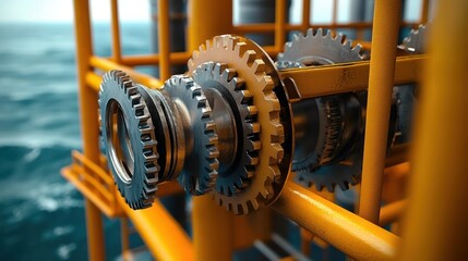 Close-up of interconnected metal gears attached to an orange industrial framework with blurred ocean in the background