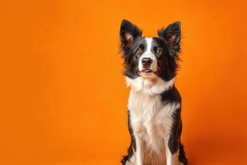 Black and white border collie dog sitting and looking attentively against a bright orange background