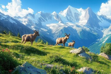 Fototapeta premium Three mountain goats standing on a grassy alpine slope with colorful wildflowers and large rocks under a clear blue sky with snow-covered rugged mountain peaks in the background
