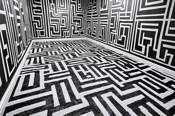 Black and white maze room interior design;  abstract background for confusion, choice, or problem-solving concept