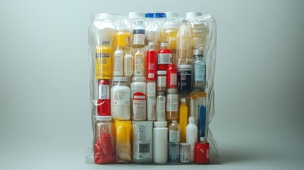 A plastic bag is filled with variety of medicine bottles and containers on a neutral background