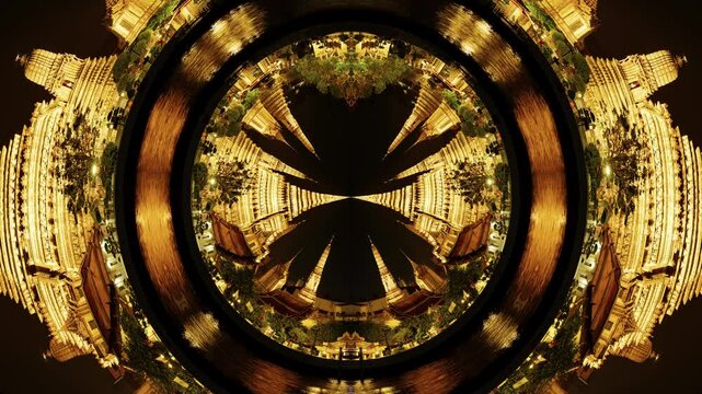 wat arun temple in bangkok turned into a tiny planet abstrat pattern
