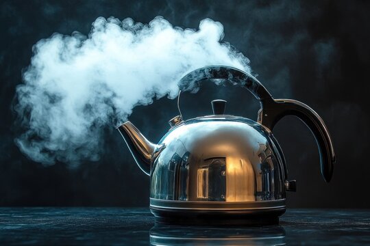 Metal kettle with black handle releasing thick steam on dark surface against black background